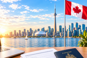 Canadian immigration application forms, a Canadian passport, laptop, and pen on a desk with the Toronto skyline and Canadian flag in the background.